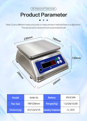 15kg S5 이중 스크린 스테인리스 스틸 방수 테이블 전자 저울 -10 C-40 C